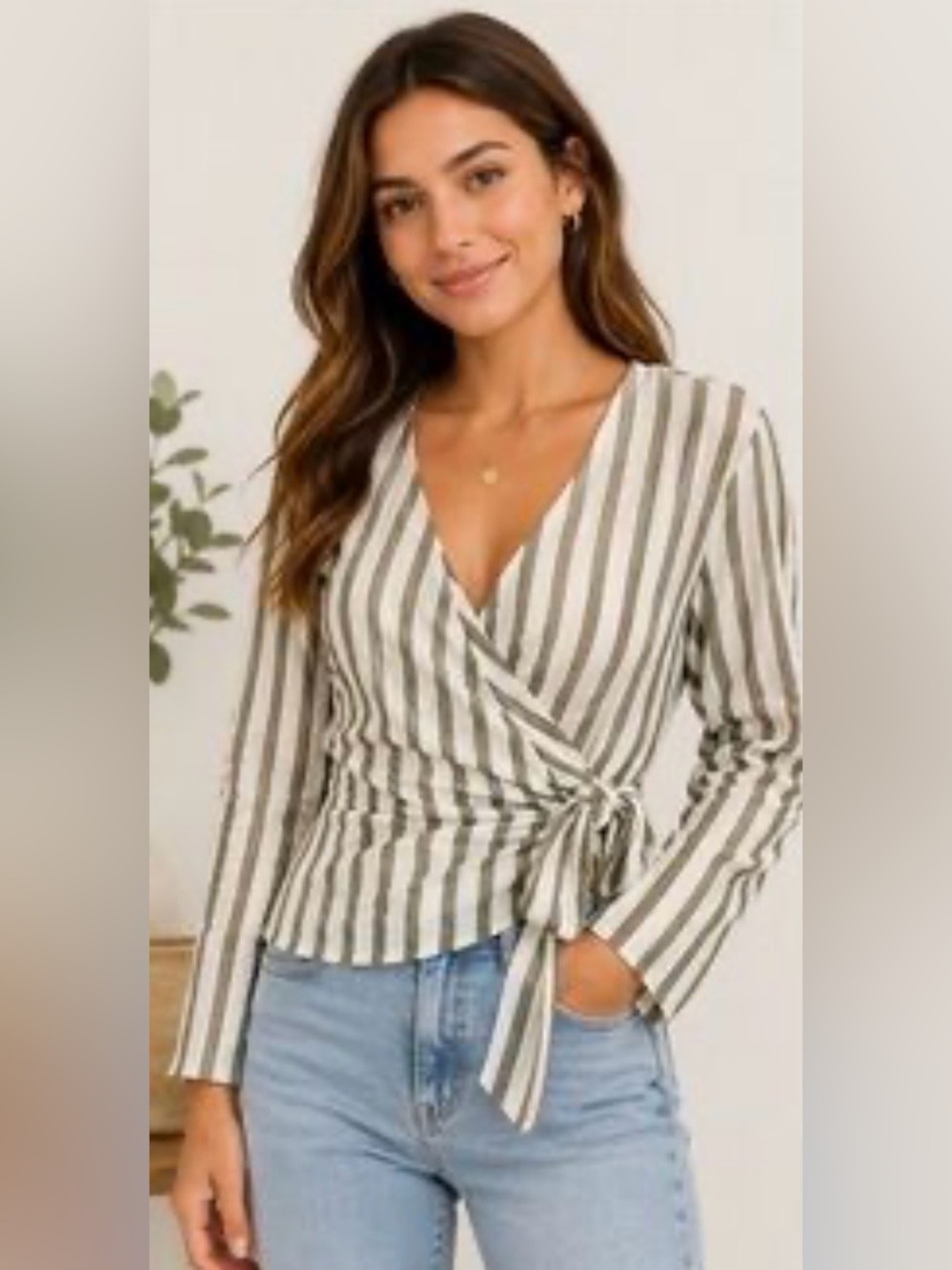 Topshop Green and‎ White Striped Tie-Front Linen Blend Blouse Size 6